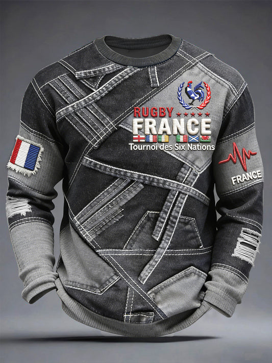 T-shirt Vintage à manches longues pour homme French Rugby Six Nations Cowboy
