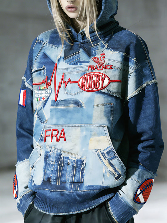 Femmes French Rugby Imprimer Denim Patchwork Sweat à capuche