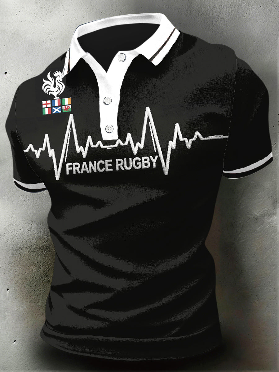 Polo décontracté noir imprimé de rugby français Six Nations pour homme