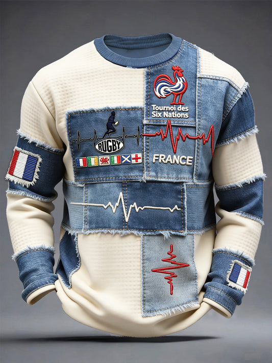 T-shirt à manches longues décontracté pour hommes French Rugby Six Nations Patchwork Print