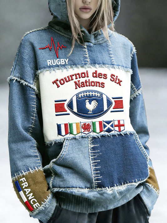 Sweat-shirt à capuche femme French Rugby Six Nations Denim Patchwork Imprimé