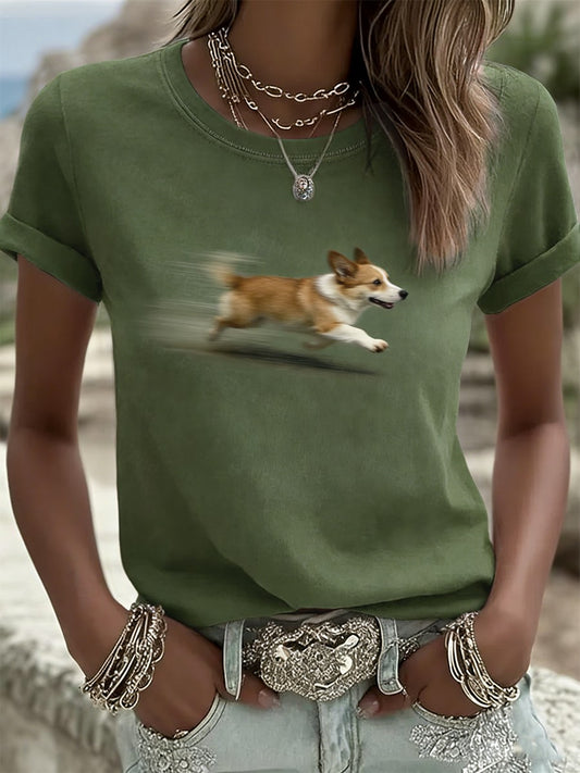 Retro Running Corgi Casual T-shirt à manches courtes