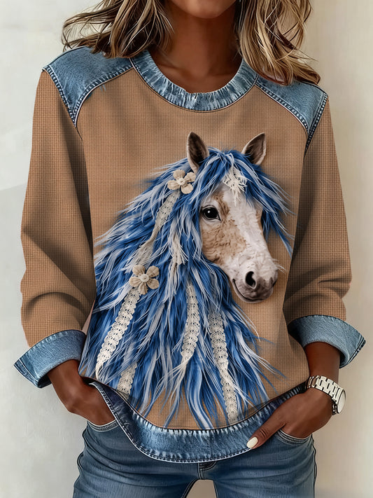 Vintage Horse Art Denim Patchwork Sweatshirt Femme
