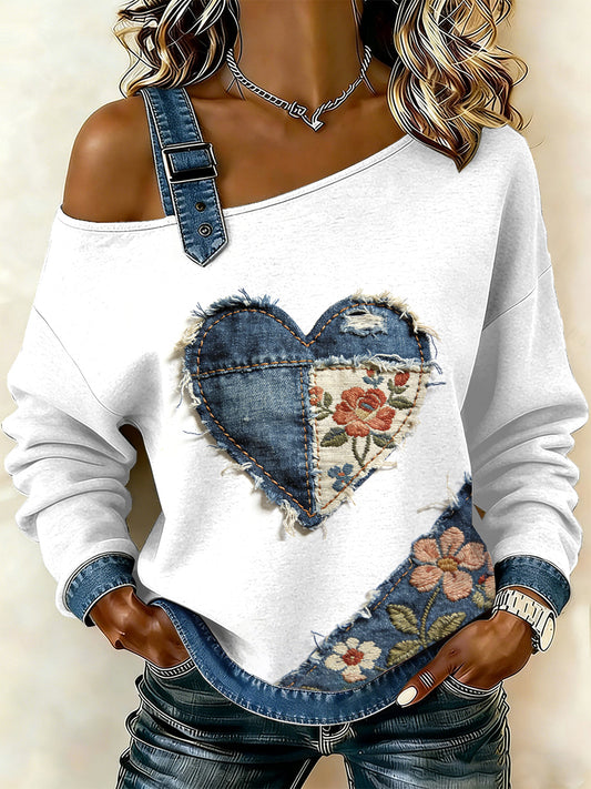 Sweat-shirt décontracté à épaules dénudées à imprimé floral vintage pour femmes