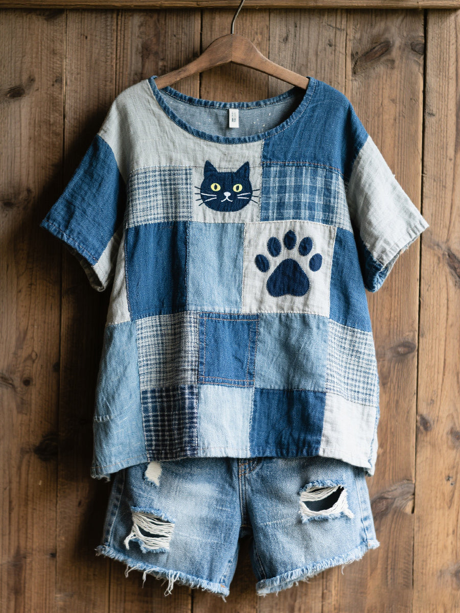 Lovely Cat Pattern Patchwork Art Lin Blend Chemise des femmes