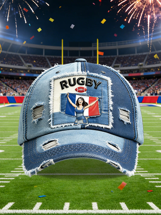 Rugby Six Nations inspiré Denim-Effect Distressed Imprimer Casquette de sport