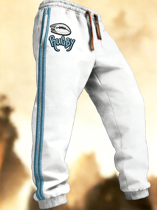 Pantalon de sport décontracté blanc à imprimé rugby pour homme