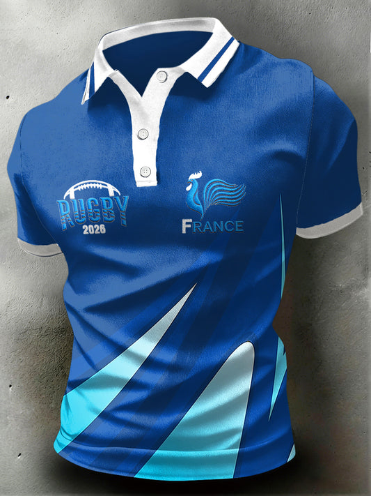 Polo en jersey bleu décontracté à imprimé de rugby français pour hommes