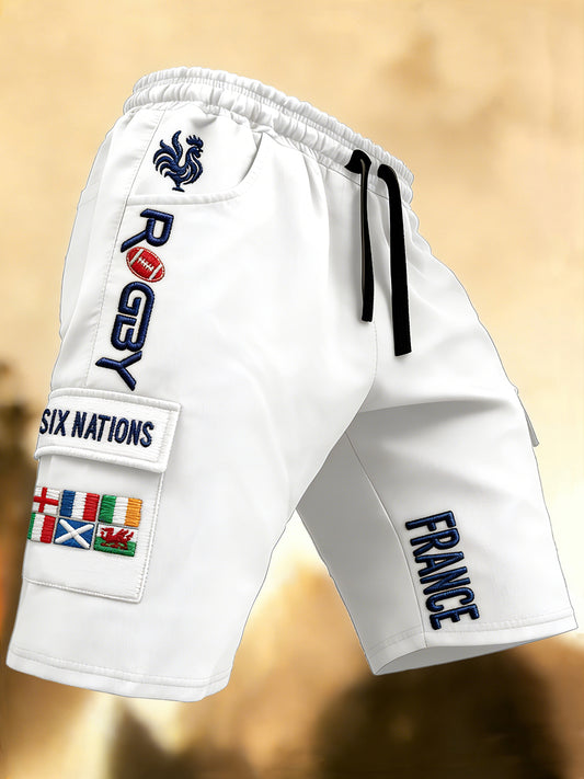 Short de sport blanc décontracté pour homme, imprimé French Rugby Six Nations
