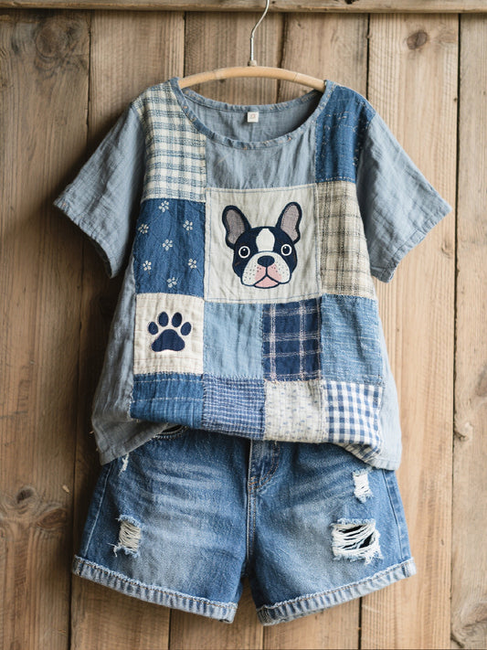 Lovely French Bulldog Patchwork Art Lin Chemise pour femmes