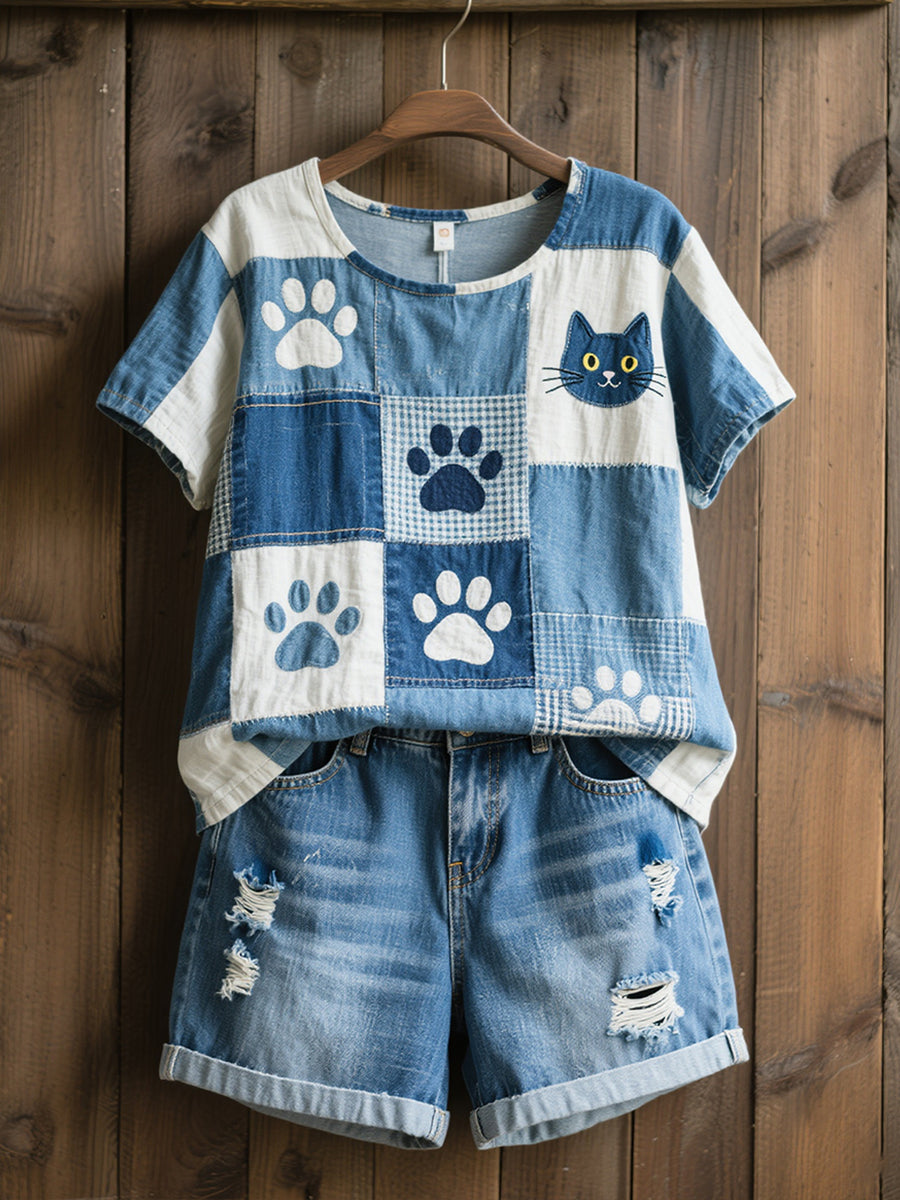 Lovely Cat Pattern Patchwork Art Lin Chemise Femme