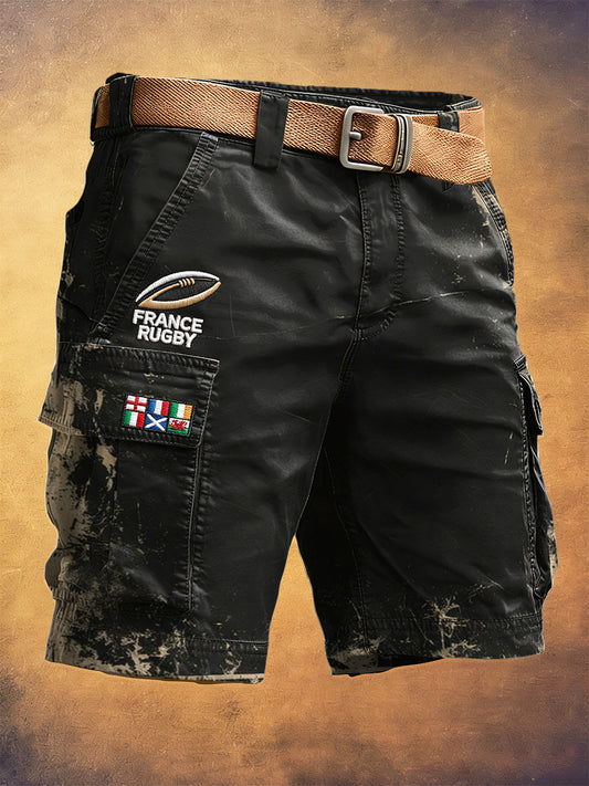 Shorts décontractés noirs de travail pour homme, imprimé vintage du Tournoi des Six Nations de rugby, couleur noire