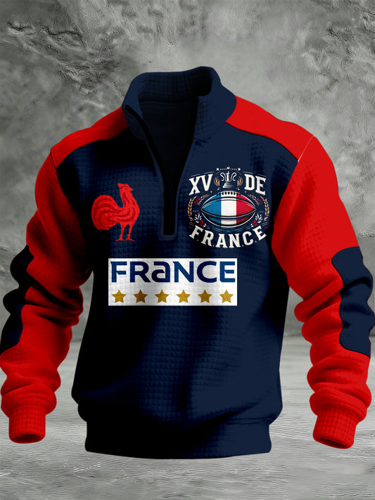 Sweat Homme Manches Longues Imprimé Rugby Français Zippé