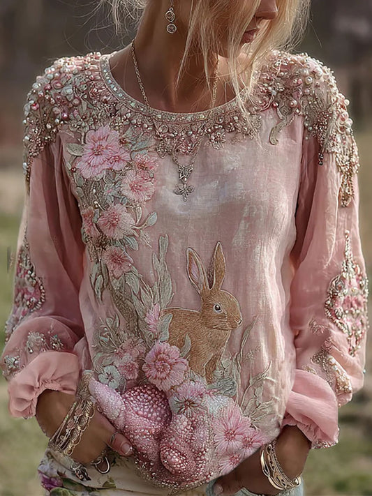 T-shirt décontracté imprimé floral lapin pour femmes