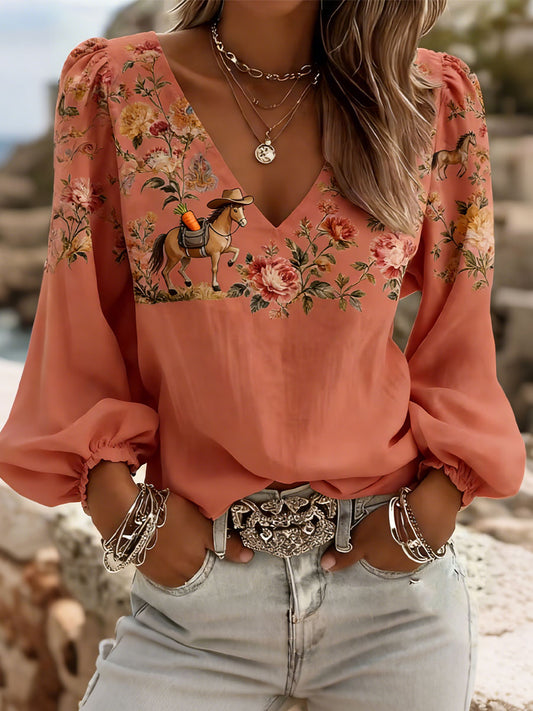 Femmes Western Floral Horse Print V-Neck Tops
