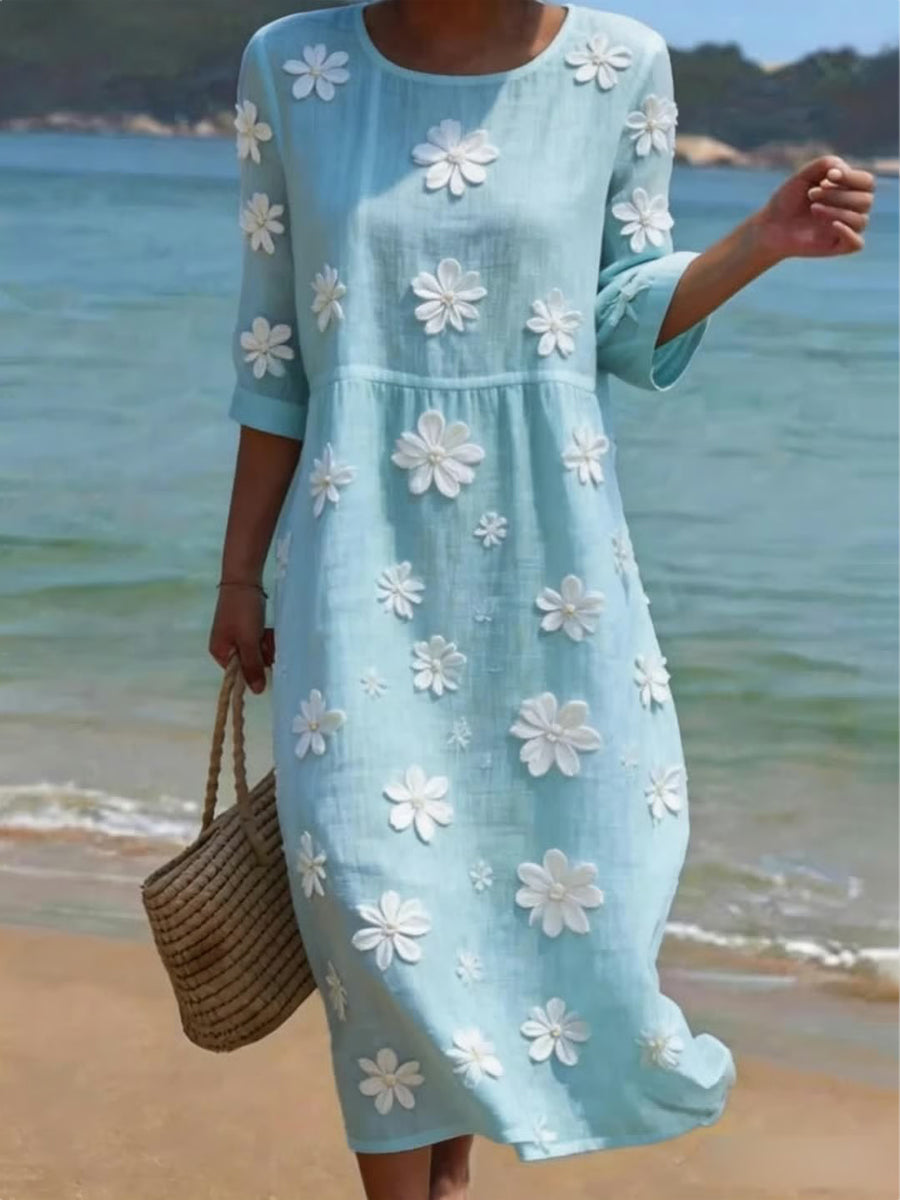 Robe en mélange de lin à motif floral pour femmes