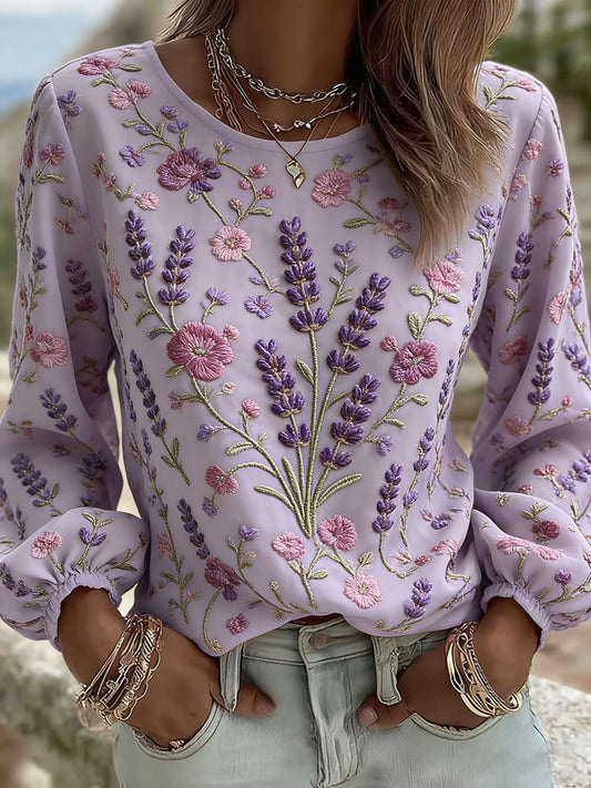 T-shirt décontracté à imprimé floral lavande pour femmes