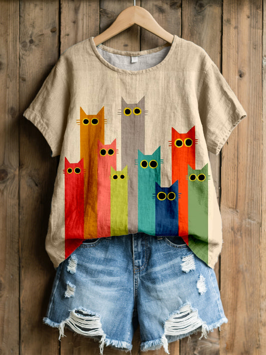 Lovely Cat Art Imprimer Lin Blend T-Shirt des femmes