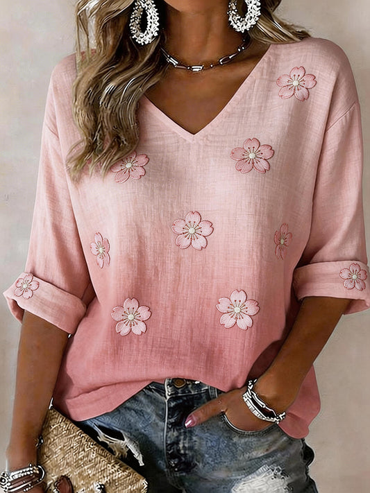 Chemise Femme en Mélange De Lin Motif De Broderie De Fleurs De Cerisier