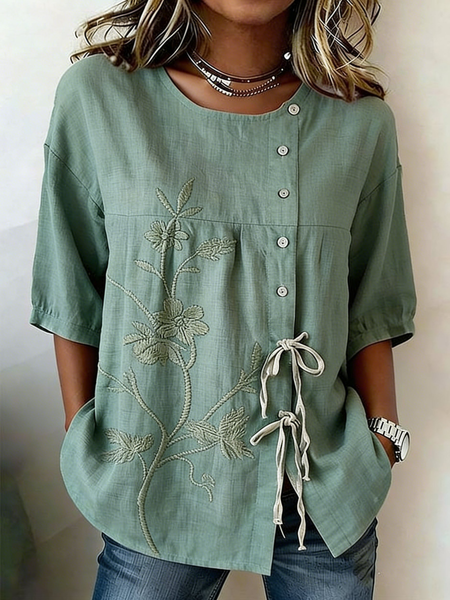 Chemise pour femme en mélange de lin, à boutons et à lacets, motifs plantes et fleurs