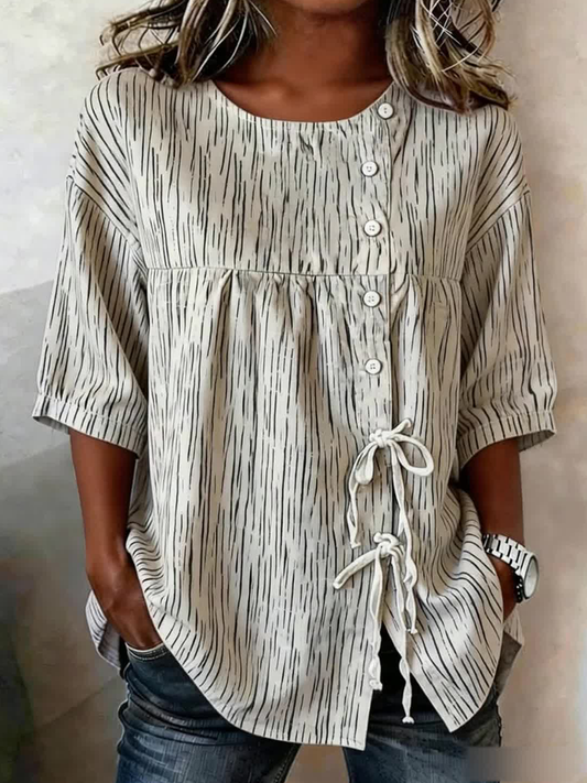 Chemise Femme En Mélange De Lin Boutonnée Et Lacée À Rayures Plantes Et Fleurs