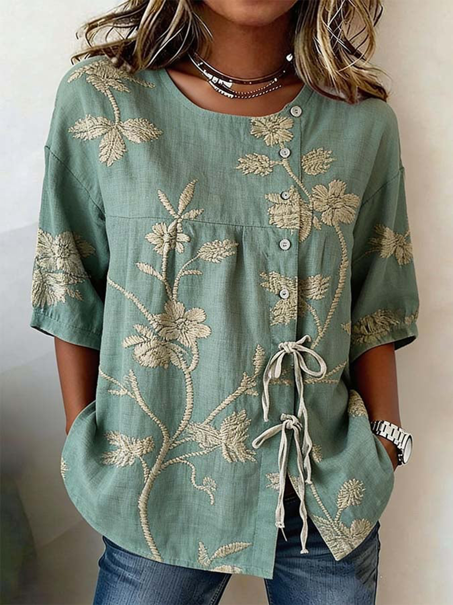 Chemise Femme Boutonnée Et Lacée Plantes Et Fleurs En Lin Mélangé