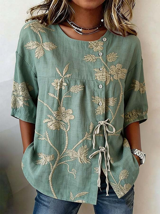 Chemise Femme Boutonnée Et Lacée Plantes Et Fleurs En Lin Mélangé