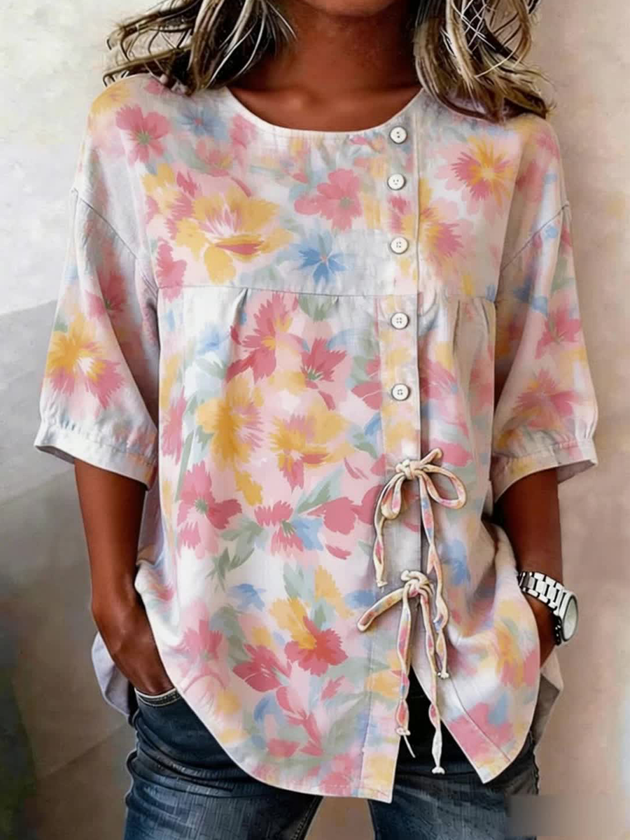 Chemise pour femme en mélange de lin, à boutons et à lacets, motifs plantes et fleurs