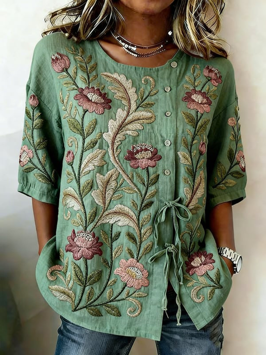 Chemise Femme Boutonnée Et Lacée Plantes Et Fleurs En Lin Mélangé