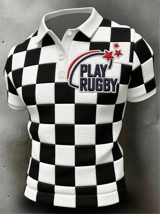 Polo décontracté imprimé à carreaux de rugby français pour hommes