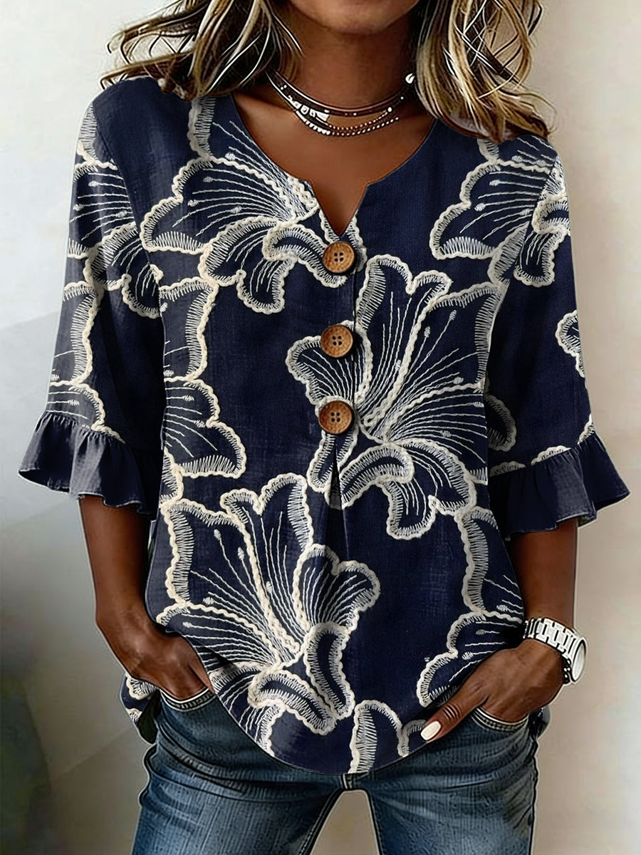 Chemise décontractée en lin à fleurs pour femmes