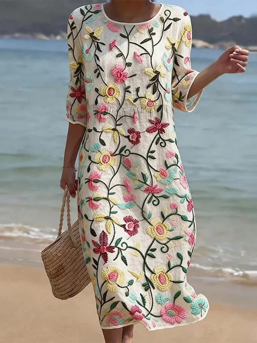 Robe en mélange de lin à motif floral pour femme