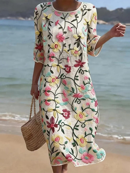 Robe en mélange de lin à motif floral pour femme