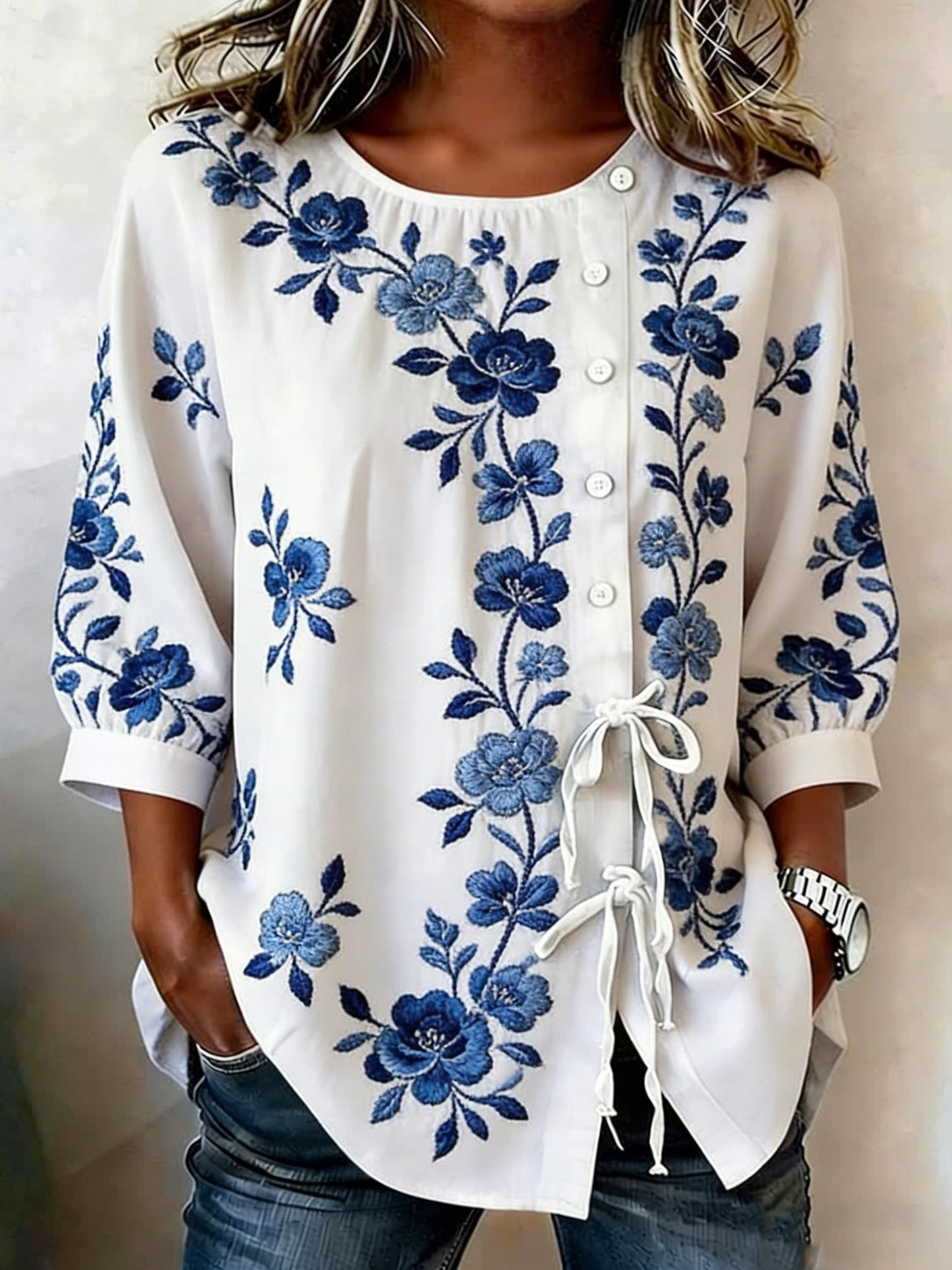 Chemise Femme Boutonnée Florale En Lin Mélangé
