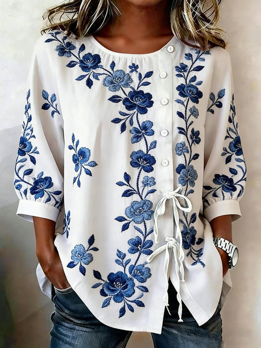 Chemise Femme Boutonnée Florale En Lin Mélangé
