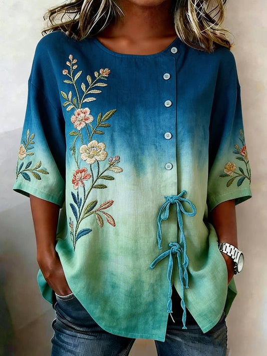 Chemise florale à boutons en mélange de lin pour femme