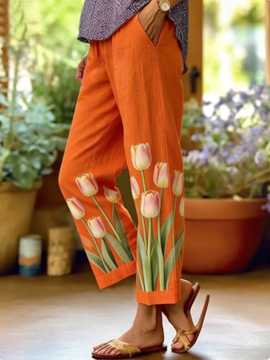 Pantalon décontracté en coton et lin à imprimé floral pour femmes