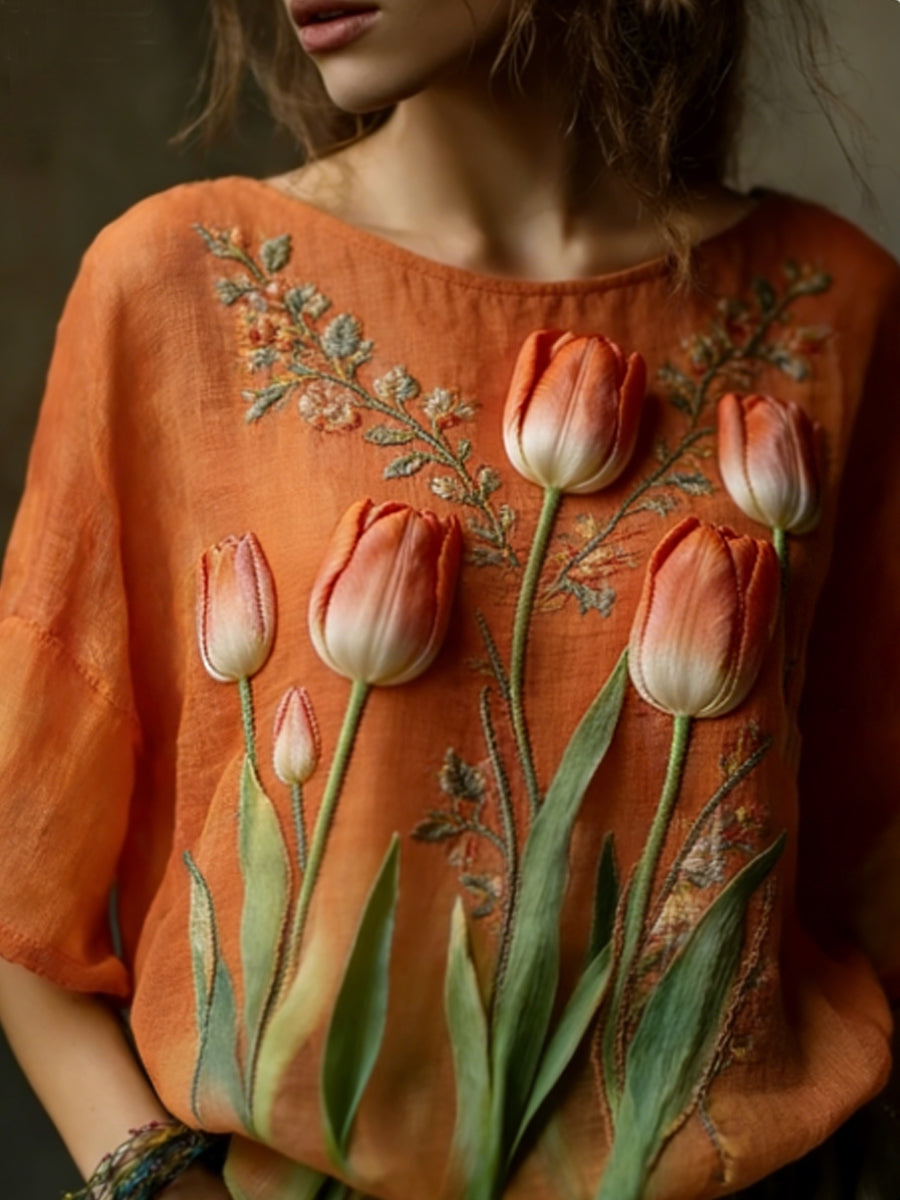 Chemise décontractée en lin brodé Flowy pour femmes
