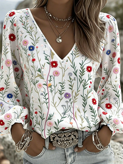 T-shirt long en coton et lin à col en V et motifs fleuris pour femme