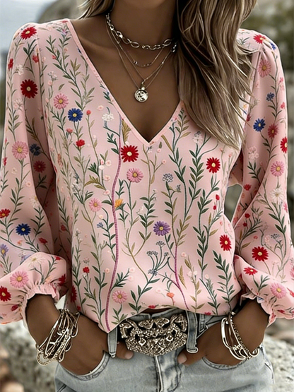 T-shirt long en coton et lin à col en V et motifs fleuris pour femme