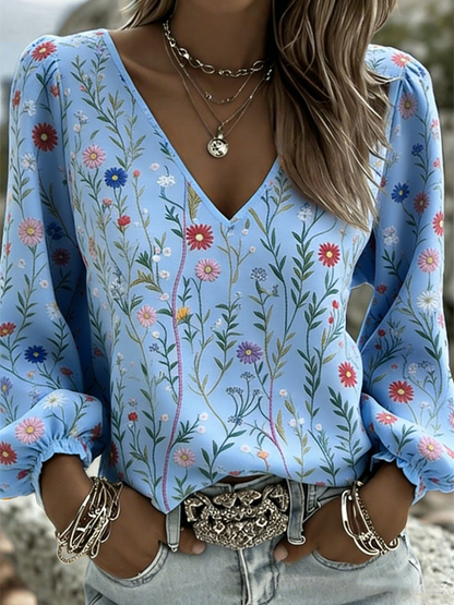 T-shirt long en coton et lin à col en V et motifs fleuris pour femme