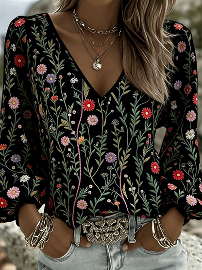 T-shirt long en coton et lin à col en V et motifs fleuris pour femme