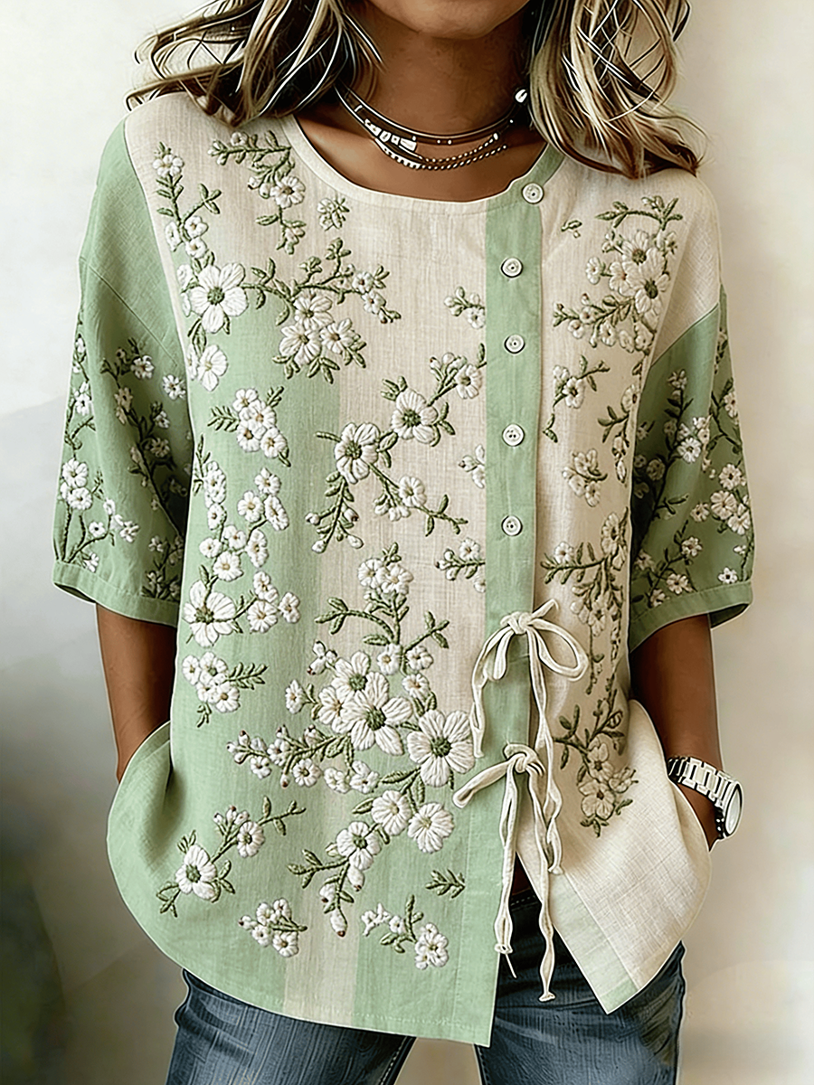 Chemise pour femme en coton et lin, à boutons et à lacets, ornée de motifs de plantes et de fleurs