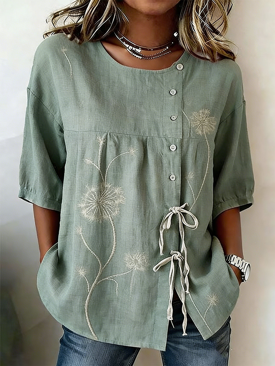Chemise pour femme en mélange de lin, boutonnée et à lacets, ornée de motifs de plantes et de fleurs