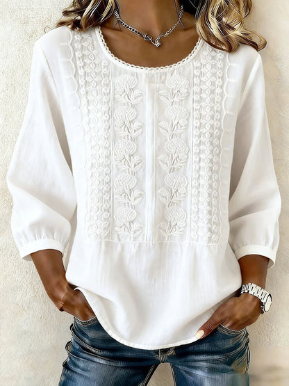 T-shirt décontracté en coton-lin à fleurs pour femmes