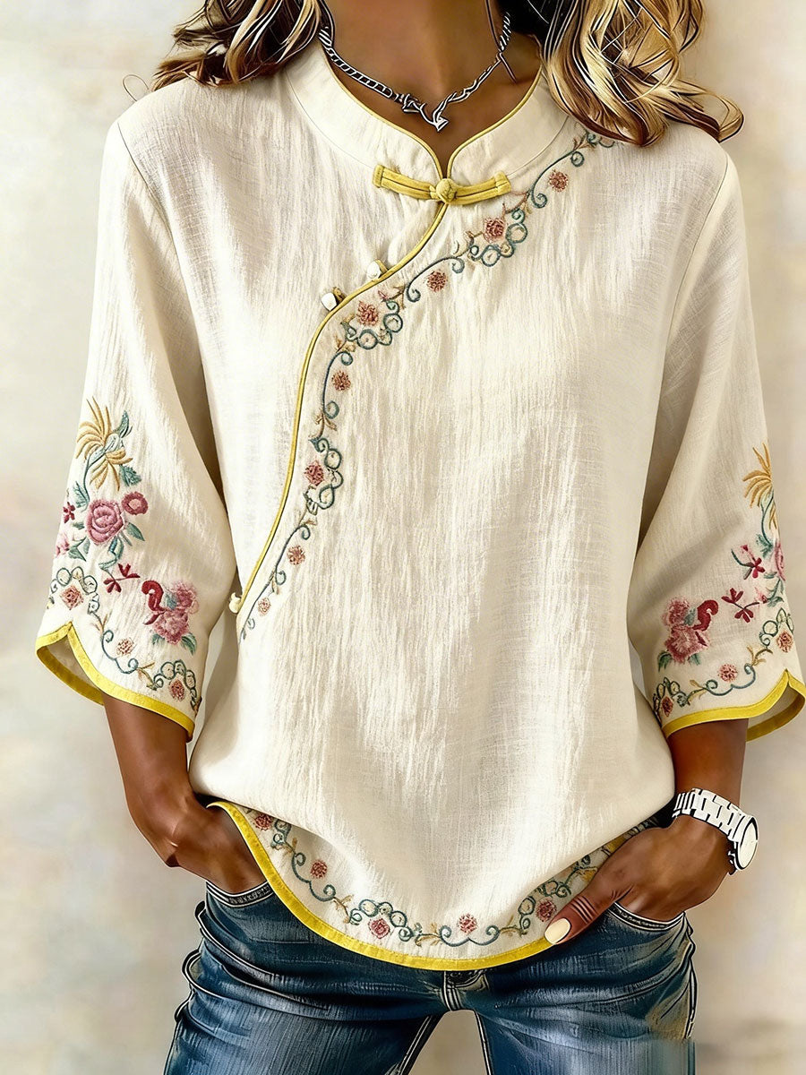 T-shirt floral en coton et lin pour femme