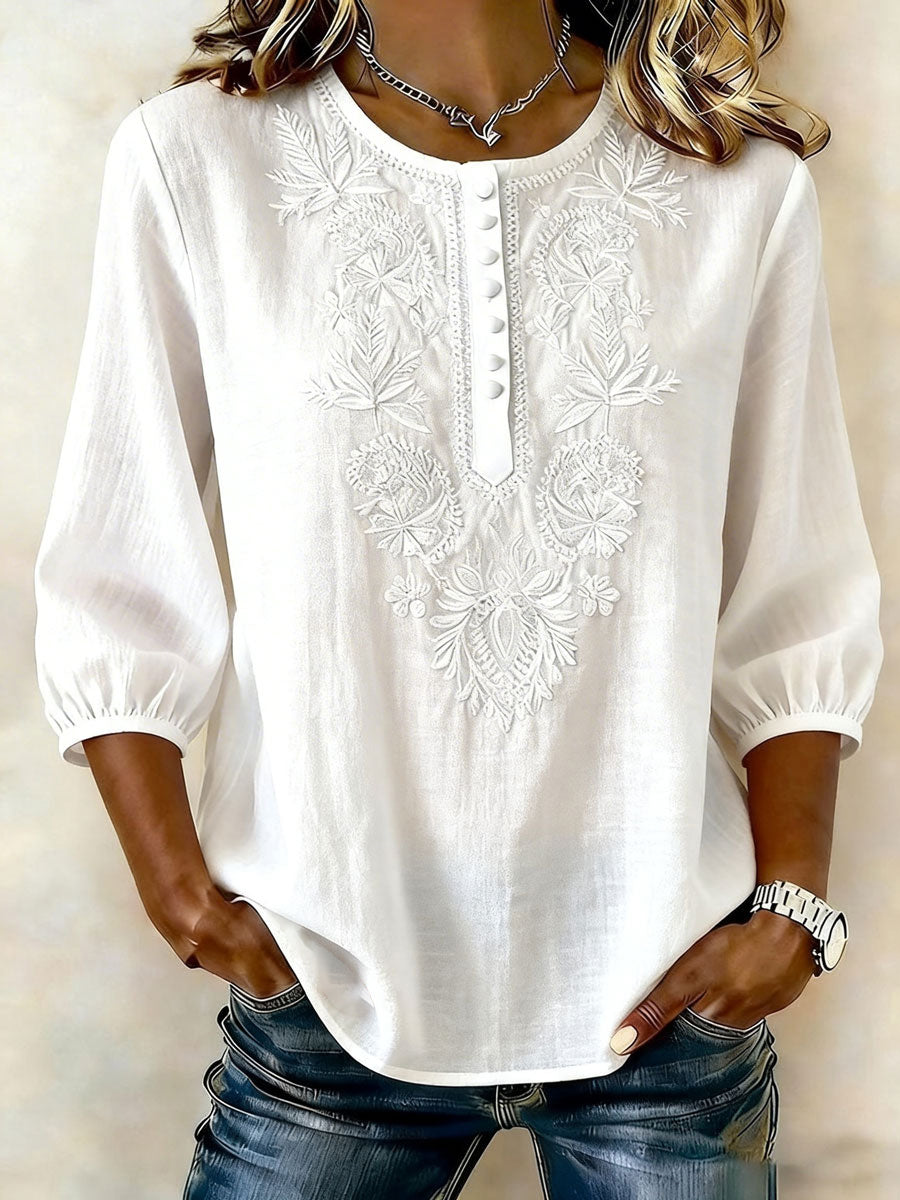 T-shirt floral en coton et lin pour femmes