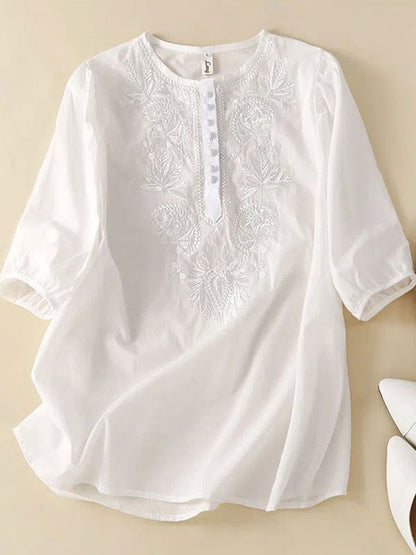 T-shirt floral en coton et lin pour femmes