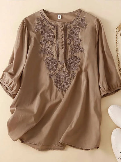 T-shirt floral en coton et lin pour femmes