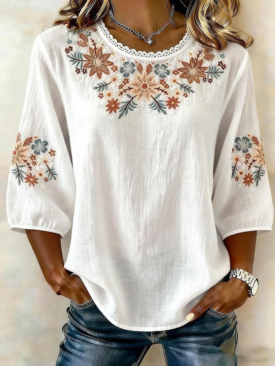 T-shirt floral en coton et lin pour femmes